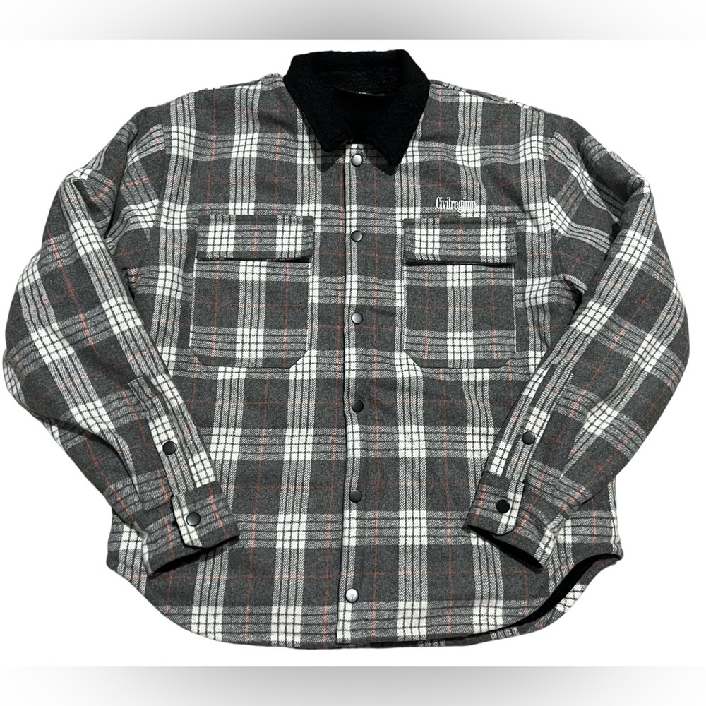 Civil Regime men’s Sherpa Lined Flannel Embroidered gray plaid jacket size small